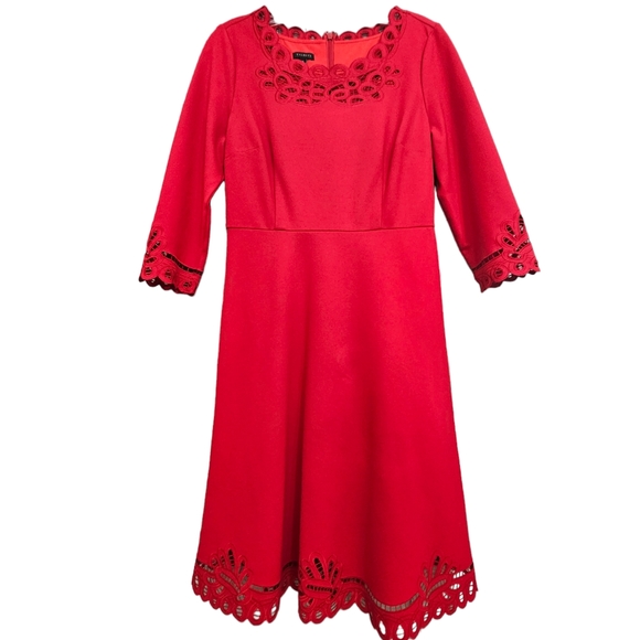Nwot Talbots Red Ponte Knit Three quarter Sleeve Scalloped Cutout Lace Dress - Picture 17 of 17